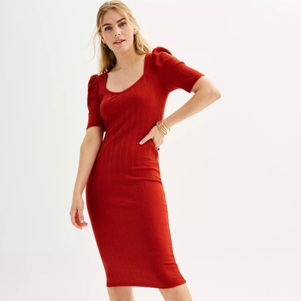 Nine West Ribbed Stylish Puff Sleeve Dress Red Size Small